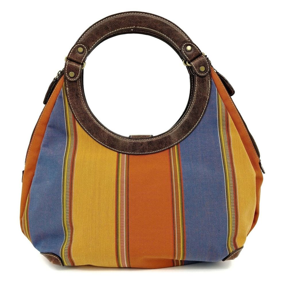 Nine West Striped Canvas Hobo Satchel Faux Leather